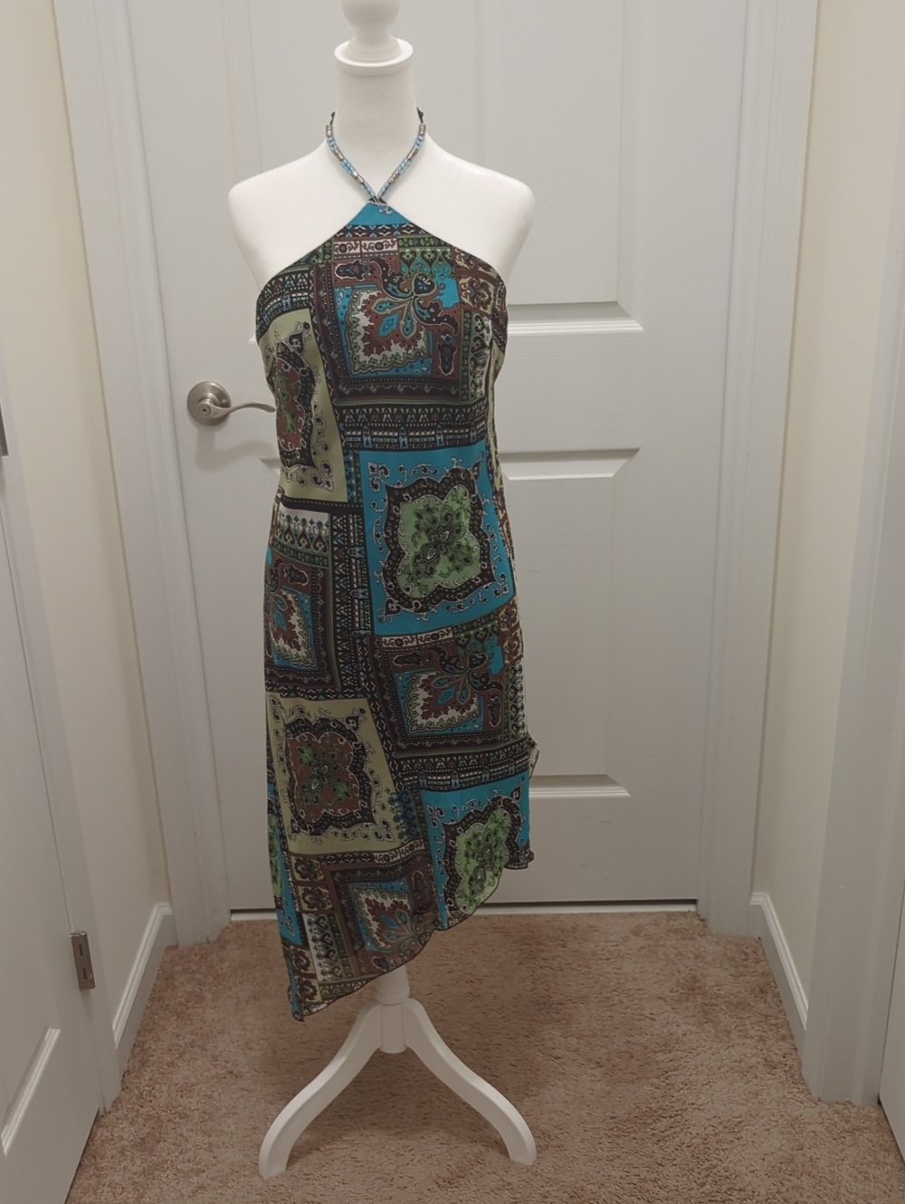 Rabbit Rabbit Rabbit Asymmetrical Halter Dress in Teal, Olive, Brown